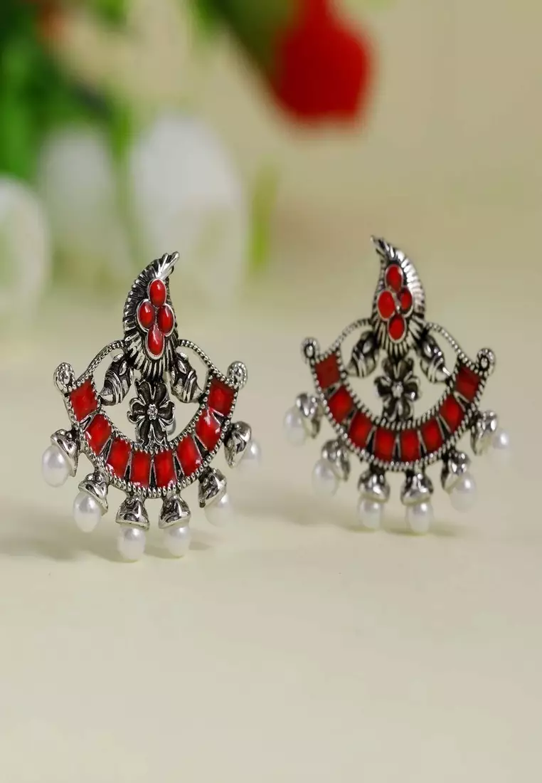 Estele Afghani Tribal Beads Oxidised Silver Chandbali Earrings For Women