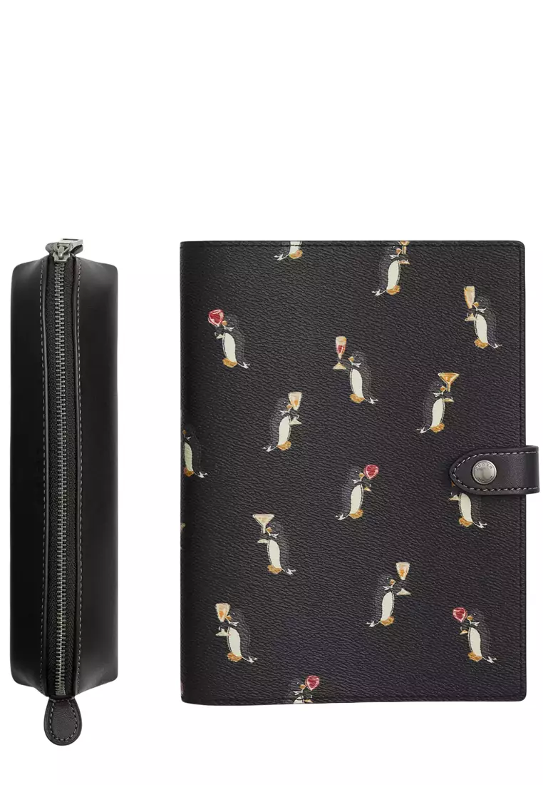 Boxed Notebook And Pencil Case Set With Penguin Print - Black Multi CCP98