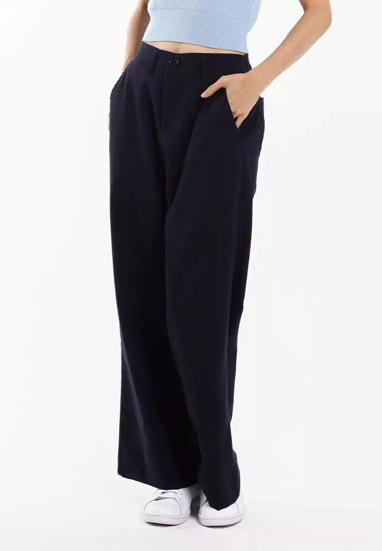 Forest Ladies Cotton Linen Blend Elastic Waisted Wide Leg Pants Women Long Pants - 810547-30DkBlue