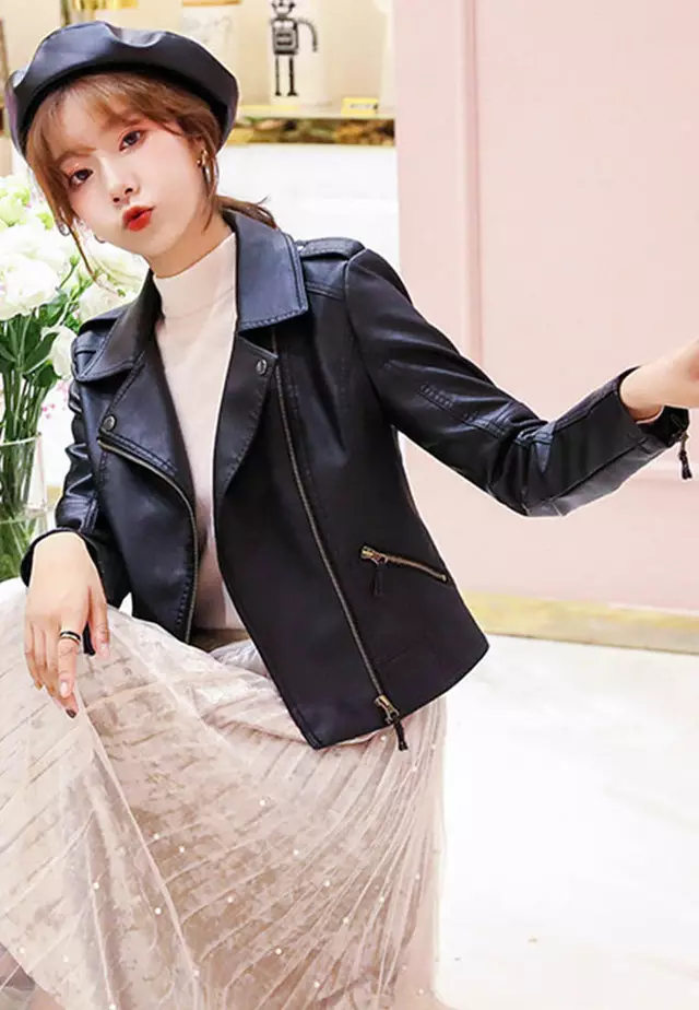 Black Notched Collar PU Jacket A120209