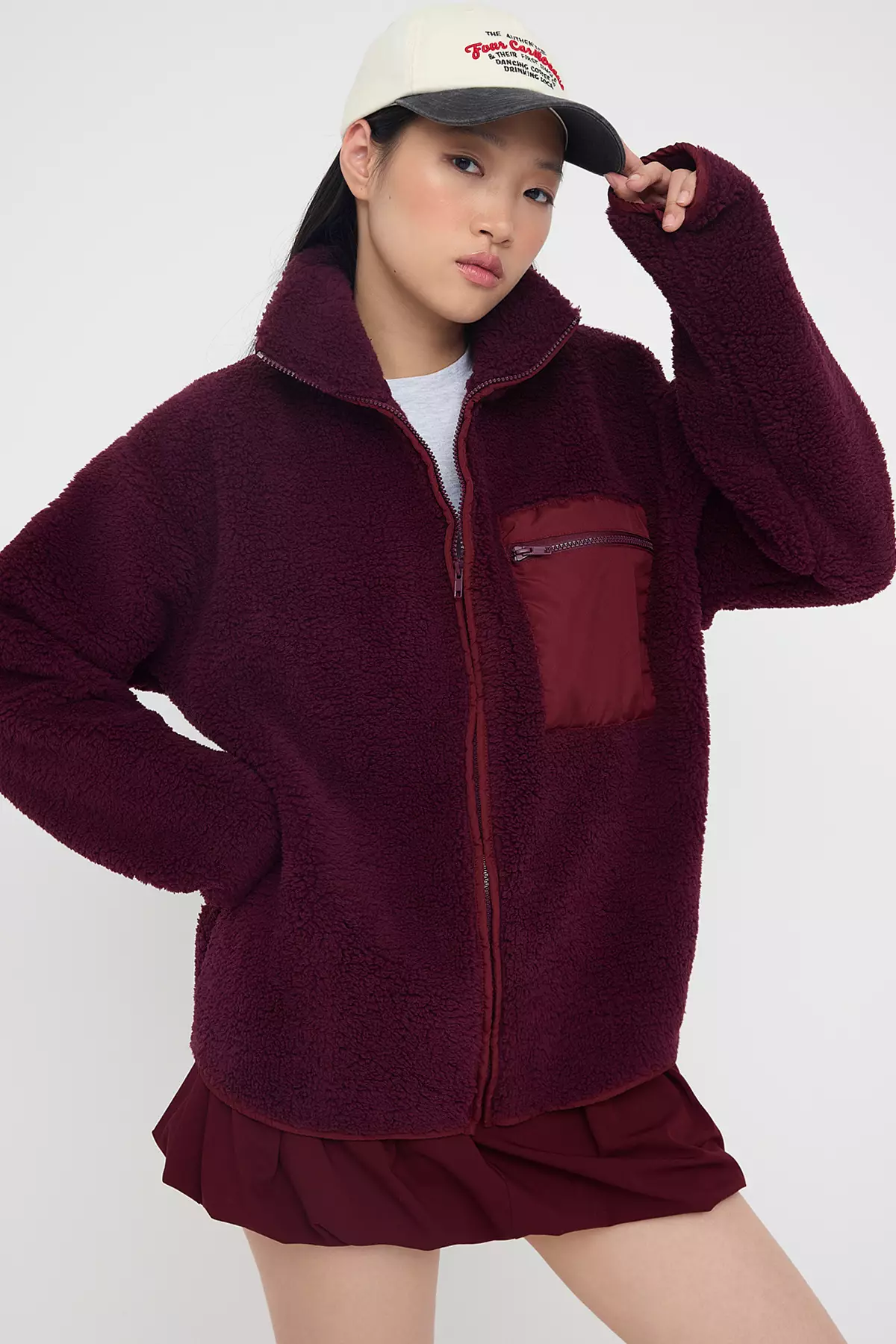 Winter Essentials Plum Fleece Zippered Stand-Up Collar Pocket Detailed Knitted Sweatshirt Twoaw24Sw00071