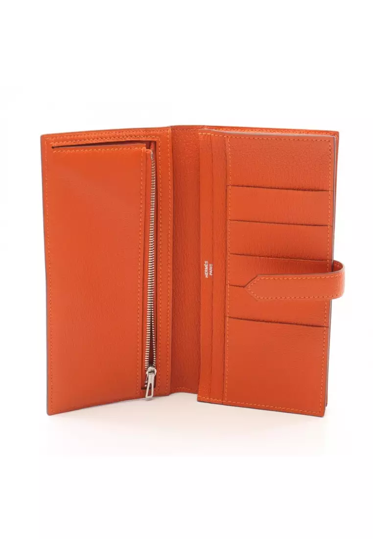 Pre-Loved Hermès bear souffle orange poppy Bi-fold Long Wallet Chevre orange silver hardware X stamp