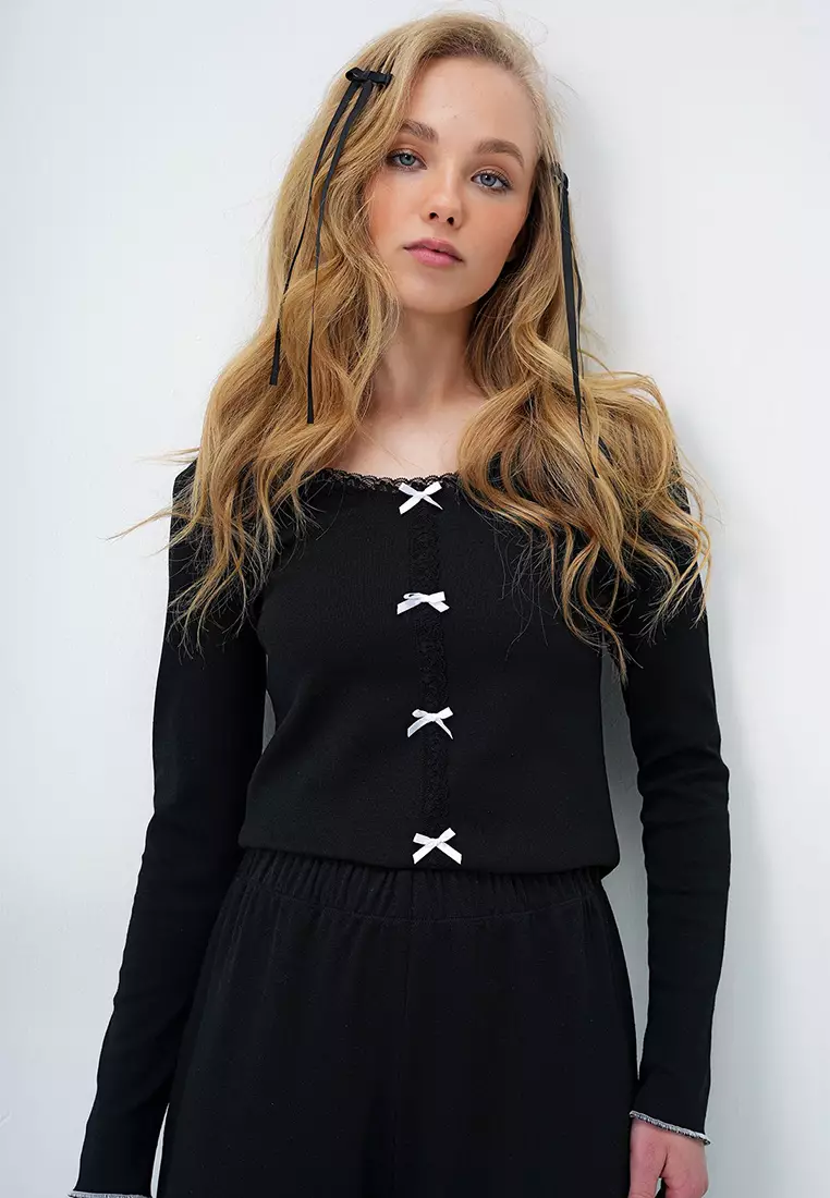 Black Wide Collar Scallop Detailed Bow Embroidered Blouse And Palazzo Pants Pajama Set Alc-X14066