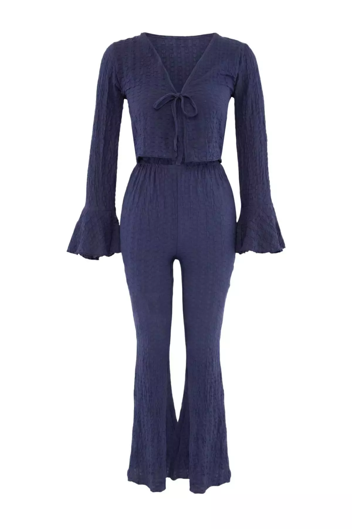 Indigo Knitted Textured Ruffle Detailed Beach Blouse Trousers Set Tbess26Au00031