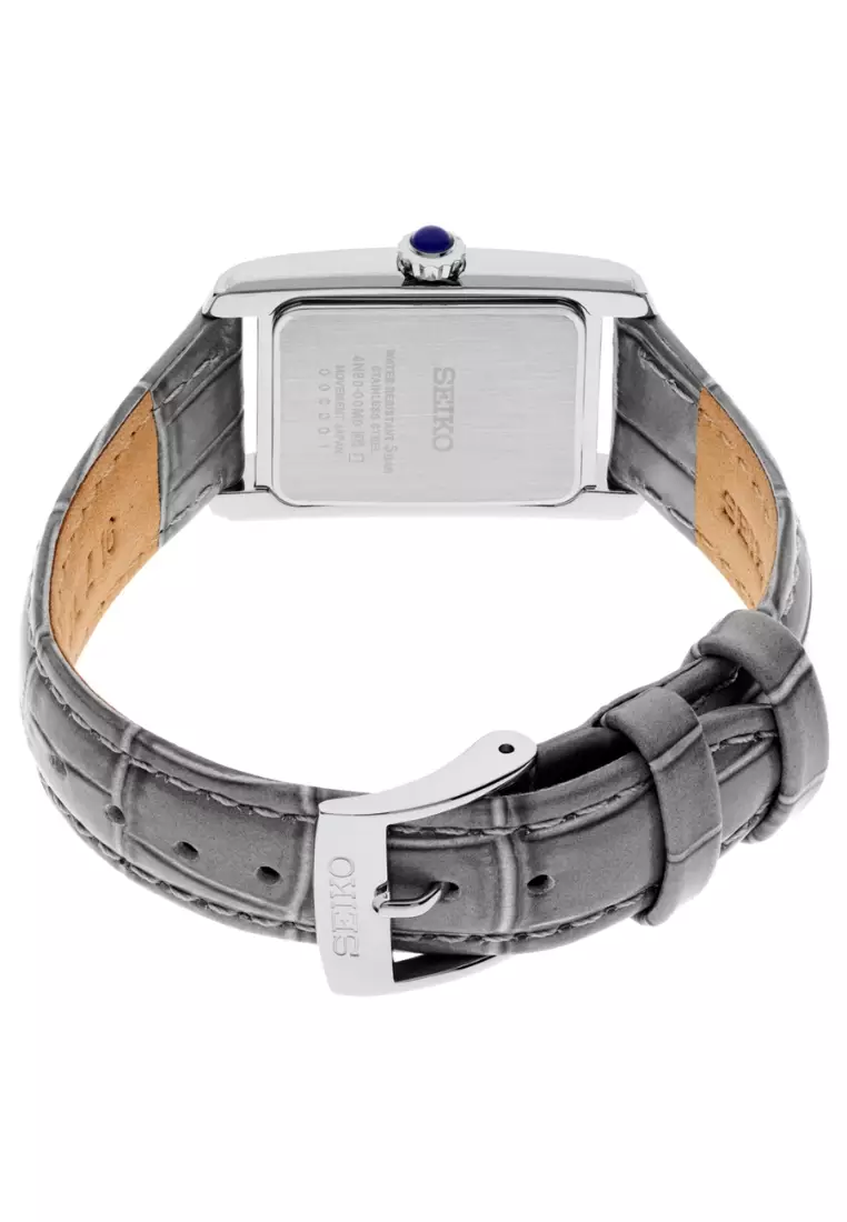Seiko Essentials Collection Rectangular Case Mother-Of-Pearl Dial Light Grey Leather Band Quartz Watch SWR099P1