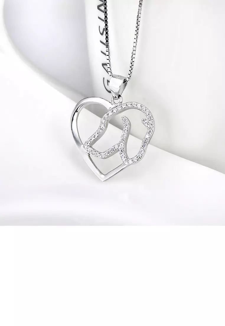 925 Sterling Silver Simple Cute Dog Heart Pendant with Cubic Zirconia and Necklace - Luxurious Look