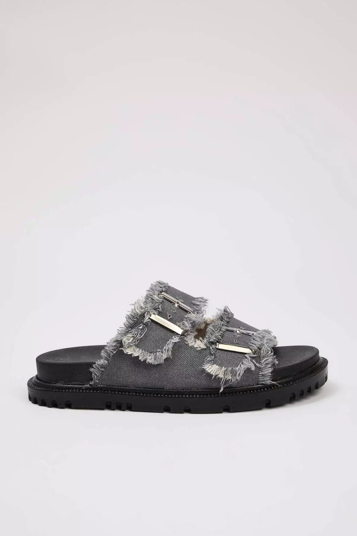 Gray Denim Tasseled Buckle Detailed Double Striped Women's Slippers Takss25Te00038
