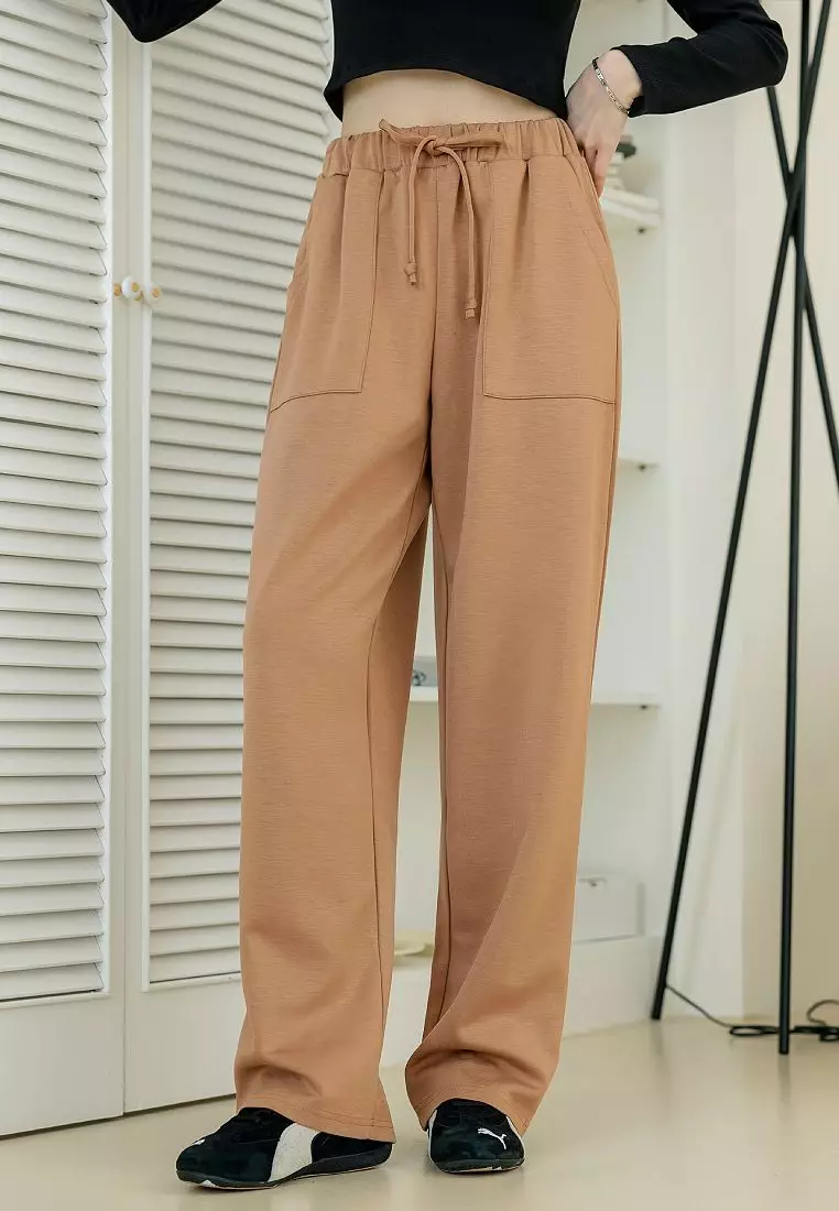 Solid Color Air-Cotton Jogger-Style Wide Straight Pants with Elastic Waist [BA7663]