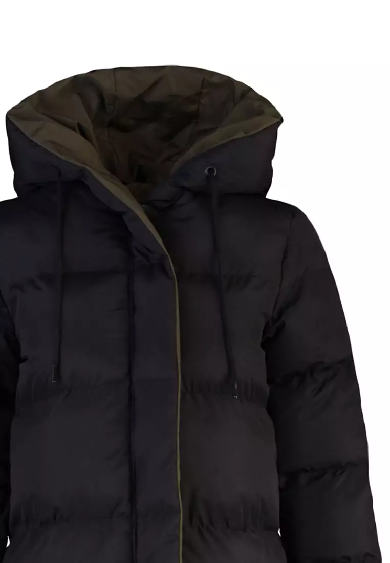 Black-Khaki Double Sided Hooded Water Repellent Long Puffer Jacket TWOAW23MO00052