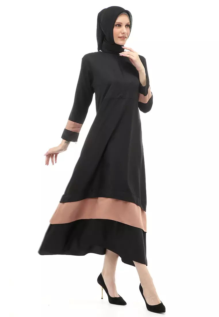 Aurel Dress Maxi Muslimah Wanita Polos Dual Tone Color Regular Fit - Black Mocca