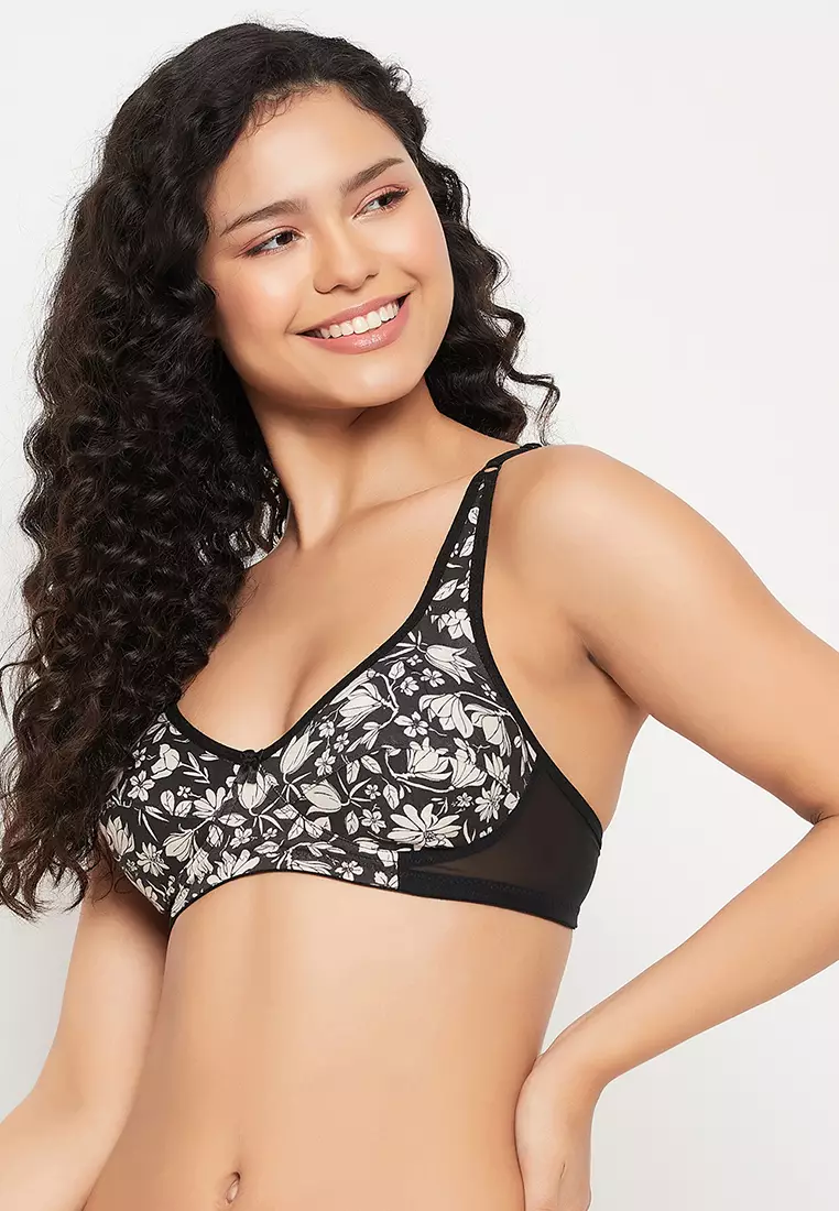 Non-Padded Non-Wired Full Cup Floral Print Bra in Black - Cotton