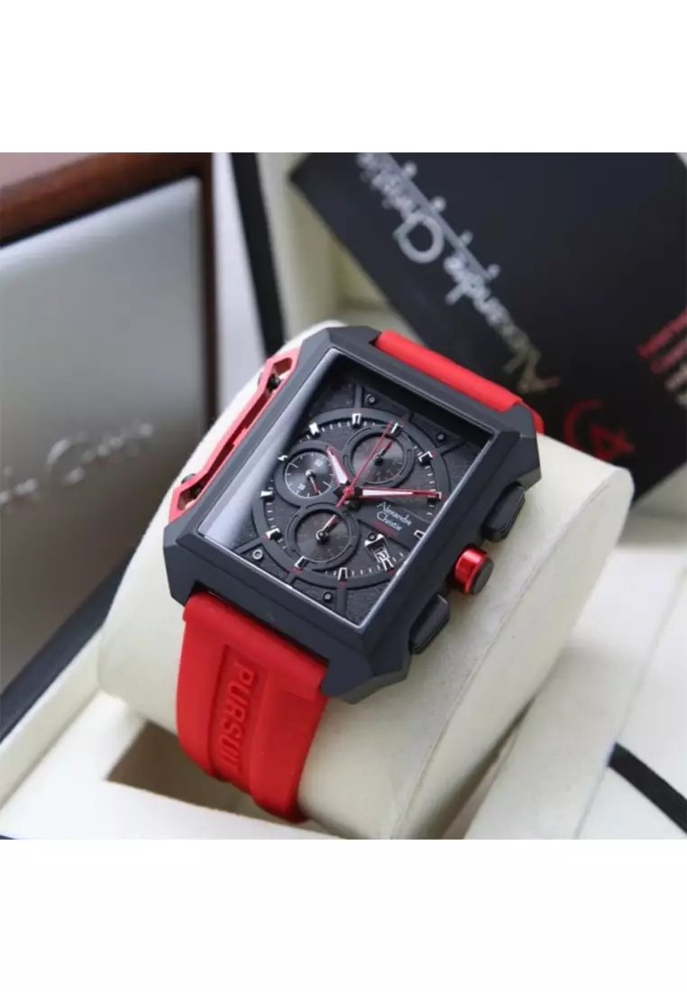 Alexandre Christie - Jam Tangan Chronograph Pria - Black - Red Rubber Strap - 6601MCRIPBARE