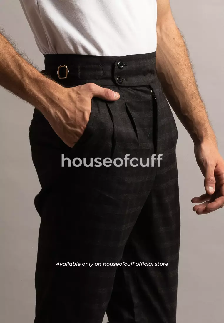 houseofcuff Celana Panjang High Waist Gurkha Abu Tua Side Tab Checkered