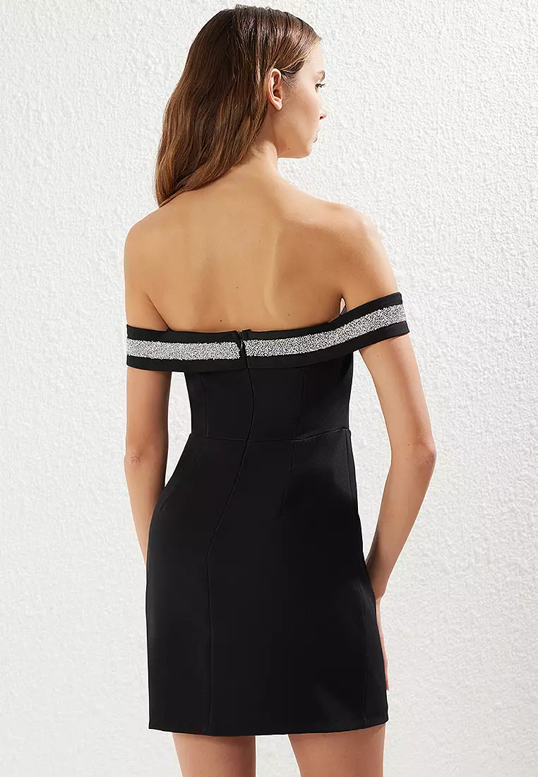 Black Bodycon Carmen Collar Woven Mini Chic Dress