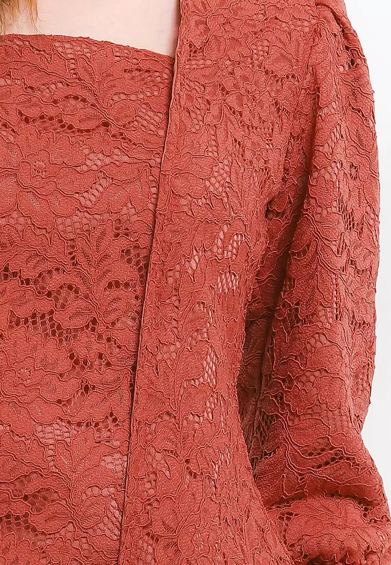 Blouse Atasan Kebaya Wanita Lace Nara Rust Lengan Puff