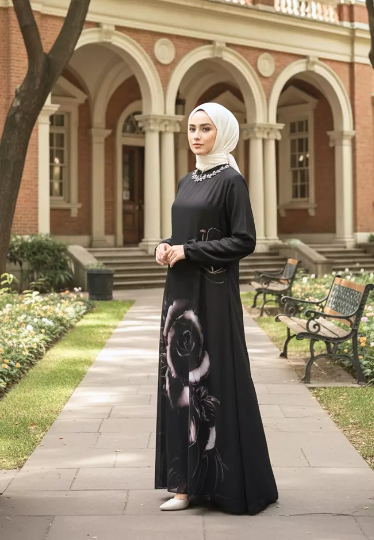Mosleem Long Dress Floral Motif With Pearl Detail In Black By Brilliant Girl Warna HITAM