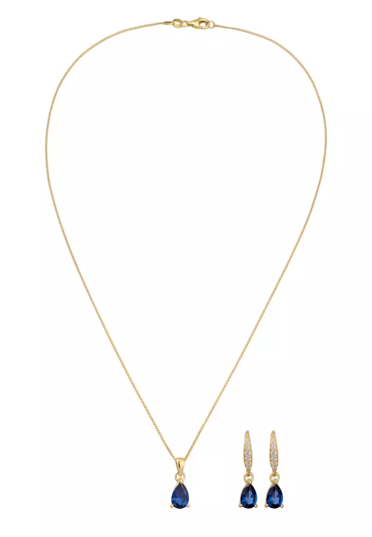 Set Perhiasan Perak 925 Wanita Drop Sapphire Elegant Zirconia Gold Plated