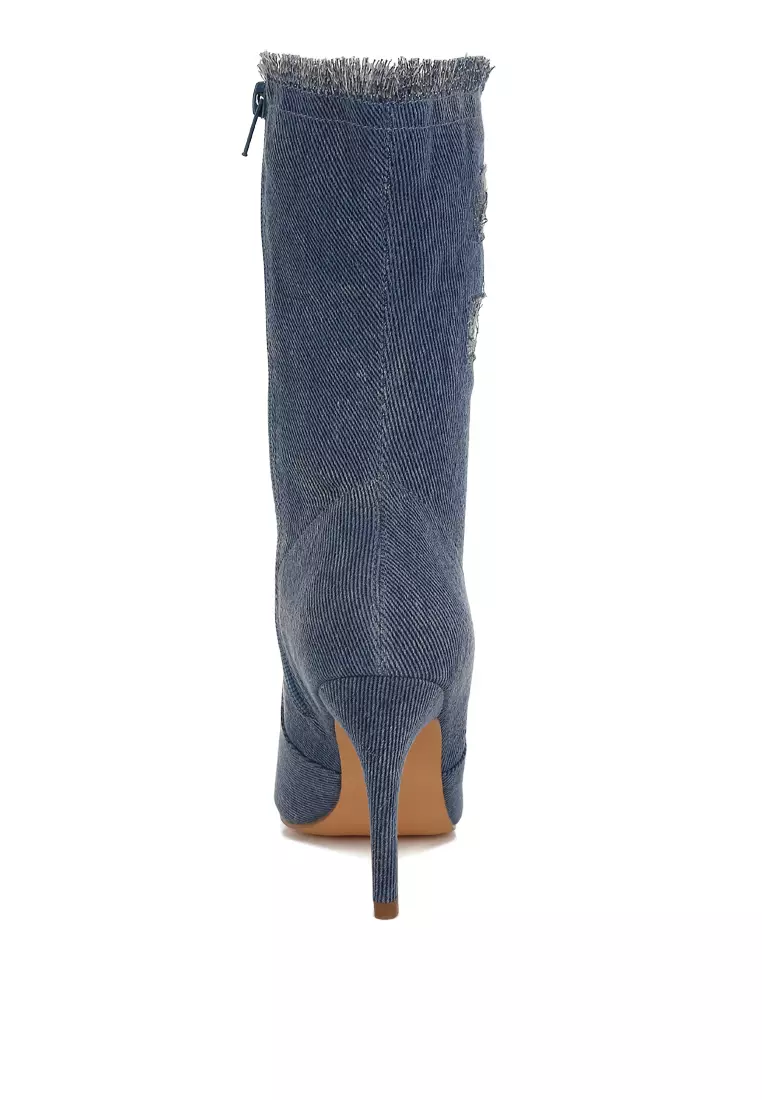 Distressed Denim Mid-Calf Boots in Denim