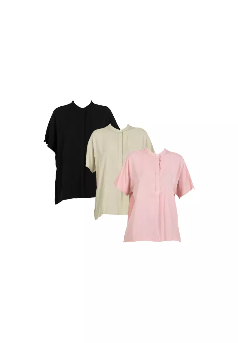 Forest Ladies Rayon Lyocell Band Collar Plain Blouse Women Short Sleeve Blouse - 822415-42LtGreen