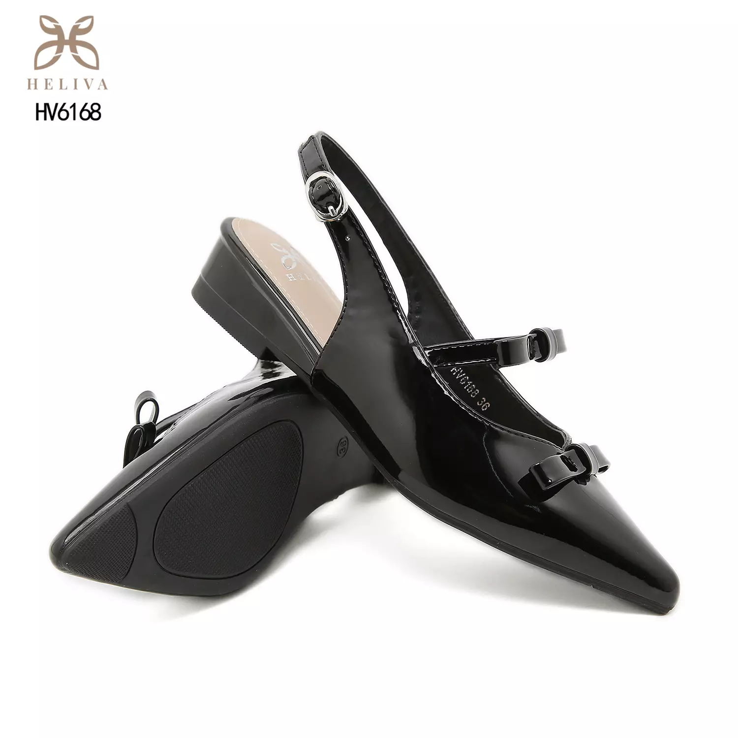 HELIVA CHERRY Glossy Slingback Low Heels with Chic Bow Detail & Pointed Toe HV6168