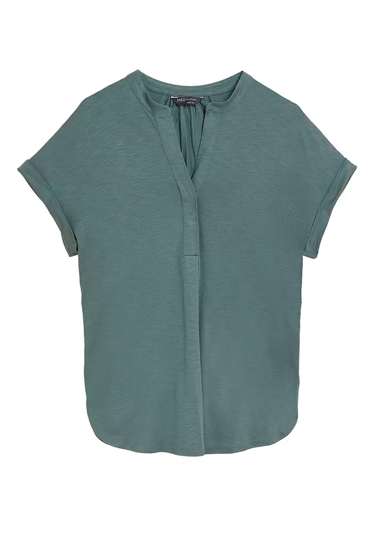 Jersey V-Neck Short Sleeve Popover Blouse