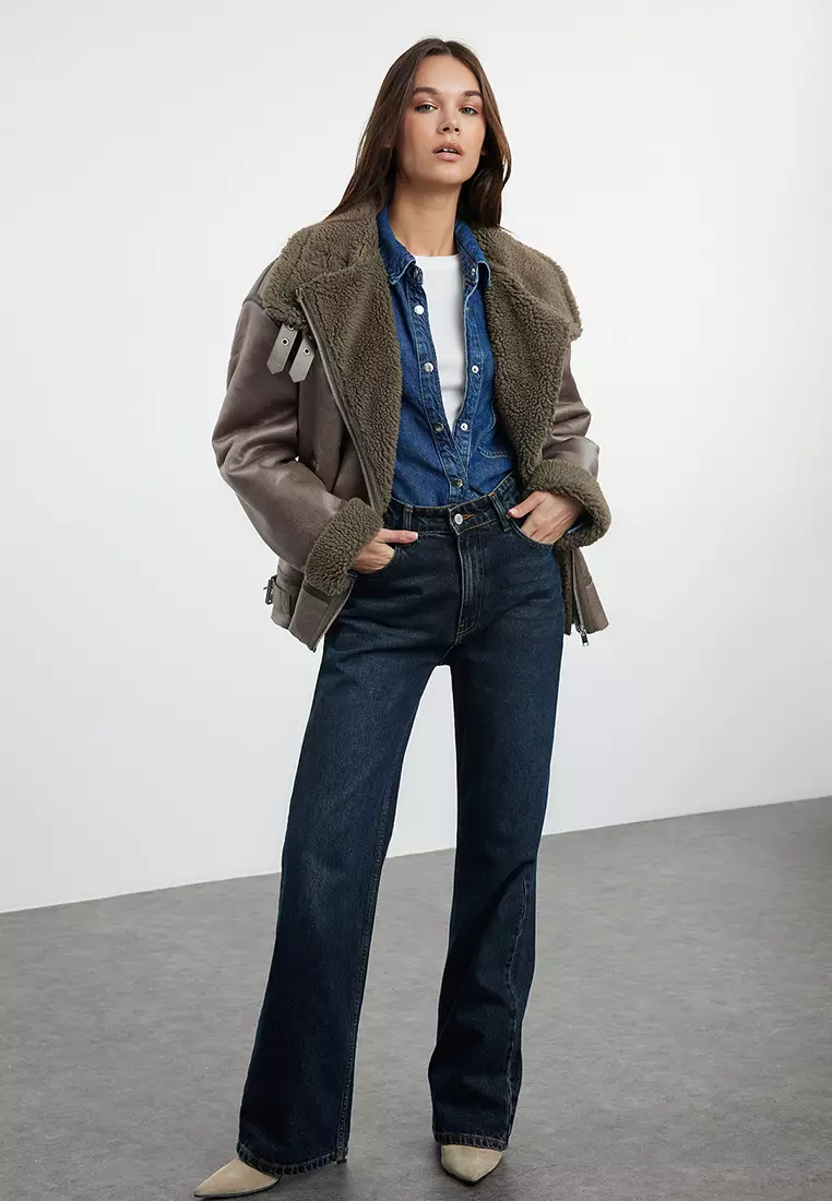 Mink Coat Collar with Belt Detail Plush Suede Biker Jacket Coat TWOAW25MO00011