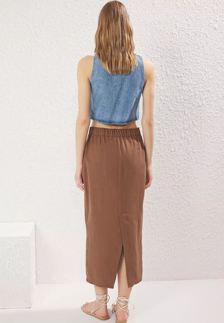 Brown Linen Look Slit Skirt Twoss25Et00171