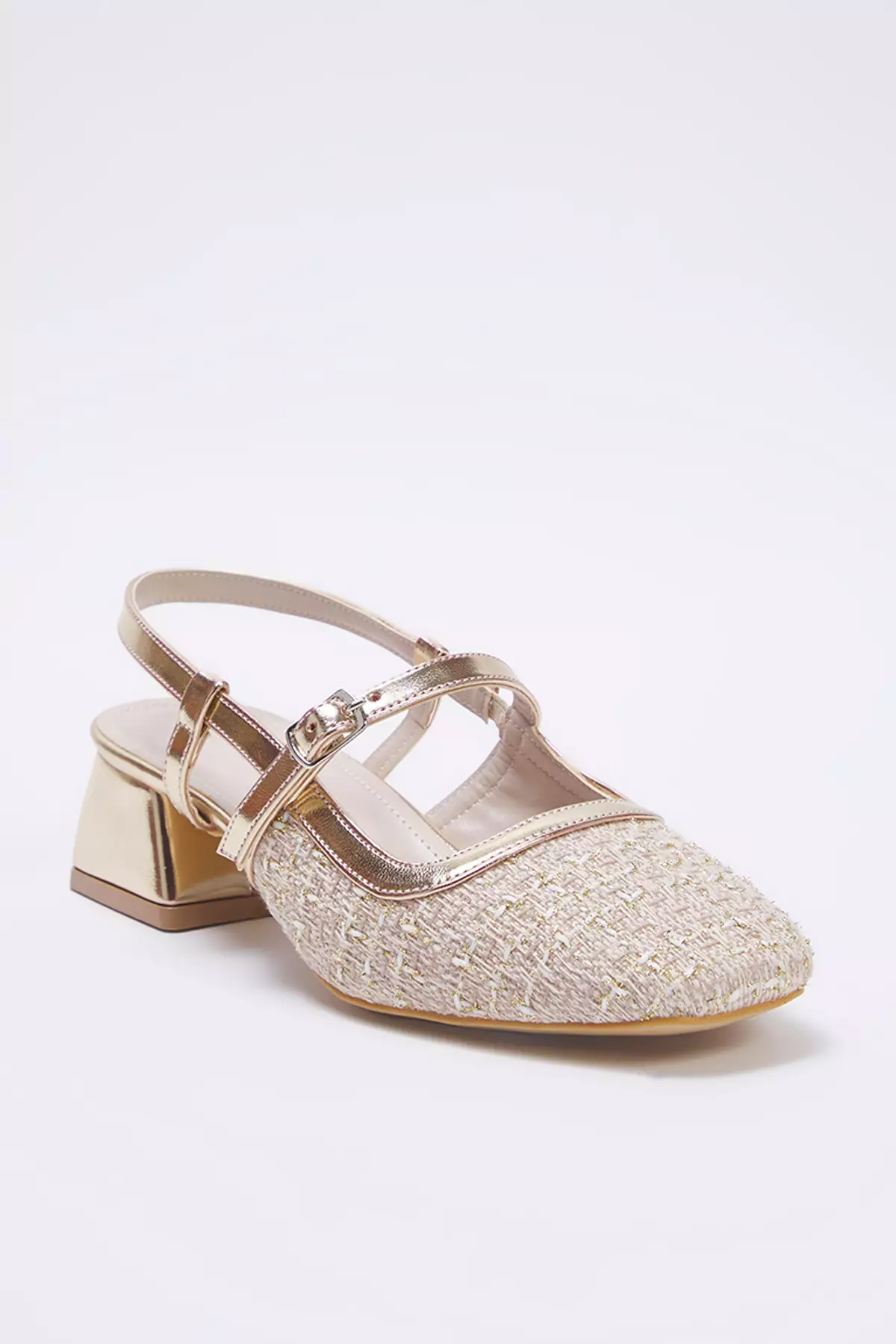 Beige Tweed Square Toe Mary Jane Women Block Heels Shoes Takss25To00023