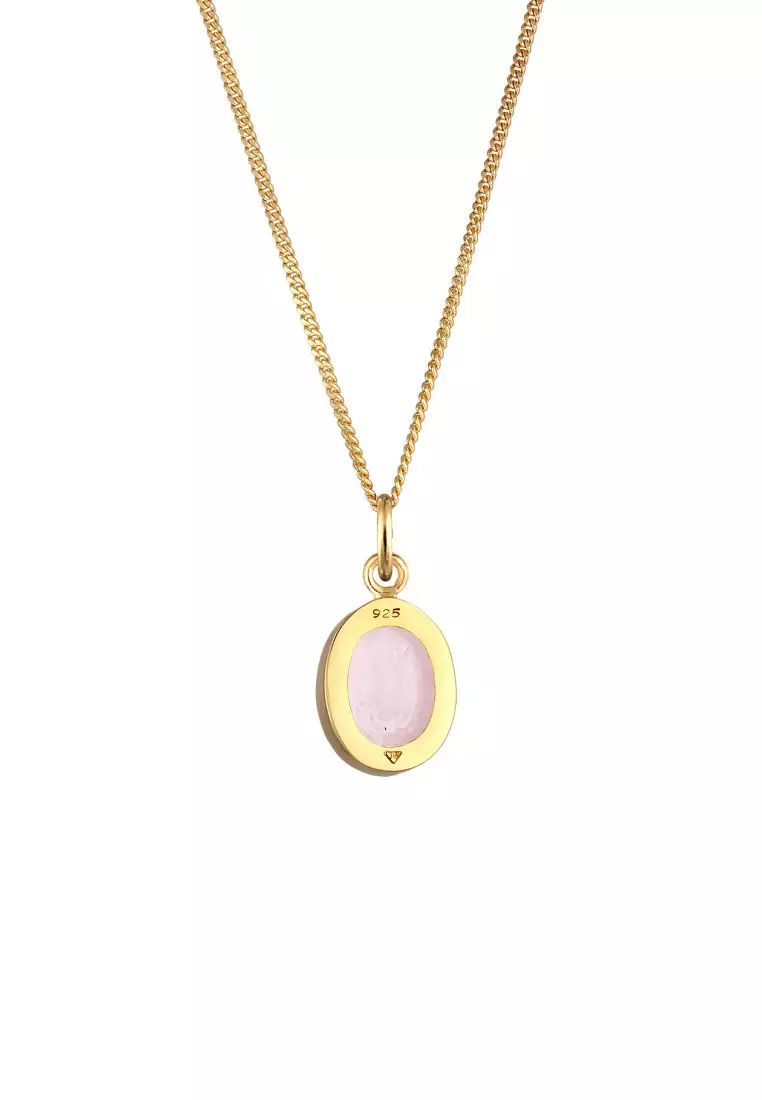 Kalung Perhiasan Perak 925 Wanita Oval Minimalist Trend Basic Rose Quartz Gold Plated