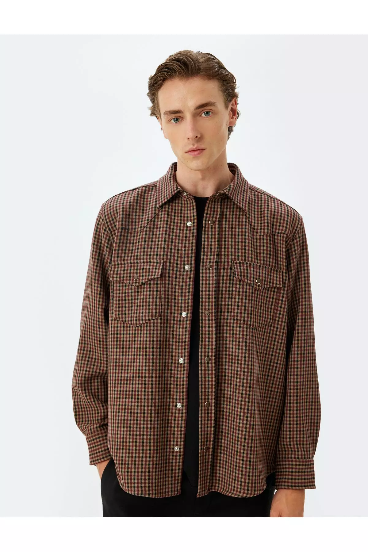 【EZKATON】24FW★ Check Snap Button Shirt PROMO Rasco FR Snap Button Uniform Shirt (Sizes S, M, MT, L