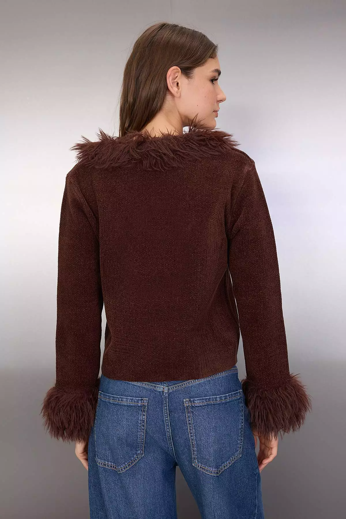 Brown Special Yarn Otris And Fur Detailed Knitwear Cardigan
