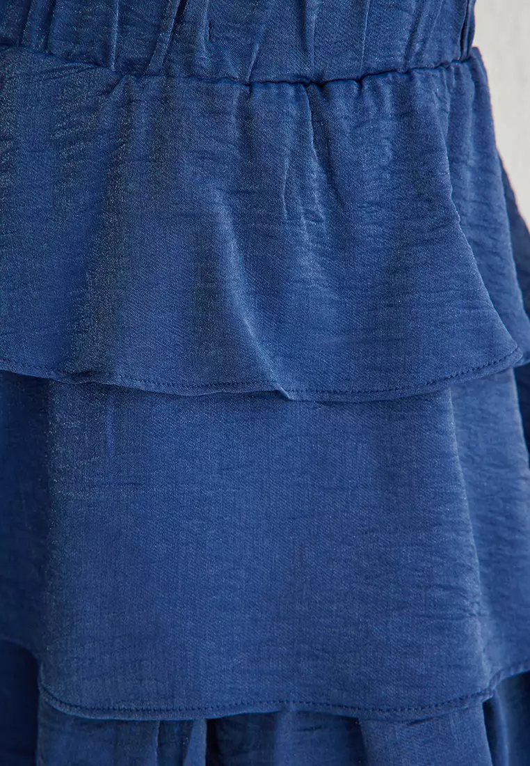 Navy Blue Skirt With Ruffle Detail Elastic Waist Mini Woven Skirt