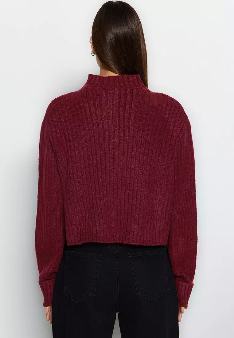 Claret Red Crop Soft Textured Stand Collar Knitwear Cardigan Twoaw22Hi174