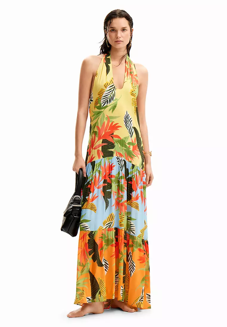 Desigual Woman Tropical halter neck maxi dress.