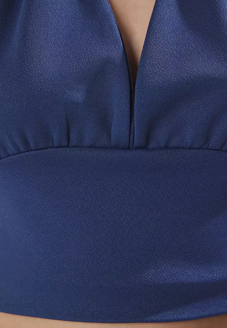 Indigo Halter Neck Fitted Crop Knit Blouse Twoss22Bz0544