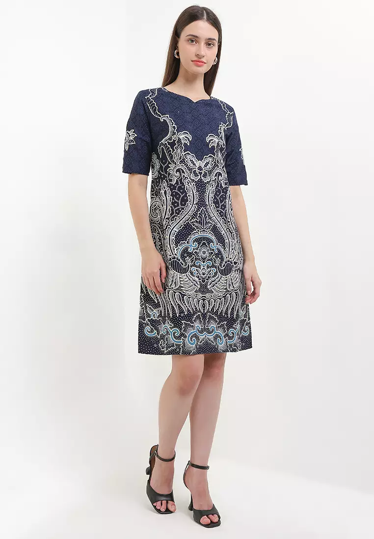 Dress Wanita Bodyfit Batik Furing Lining Dress Varenka Lengan Pendek Navy