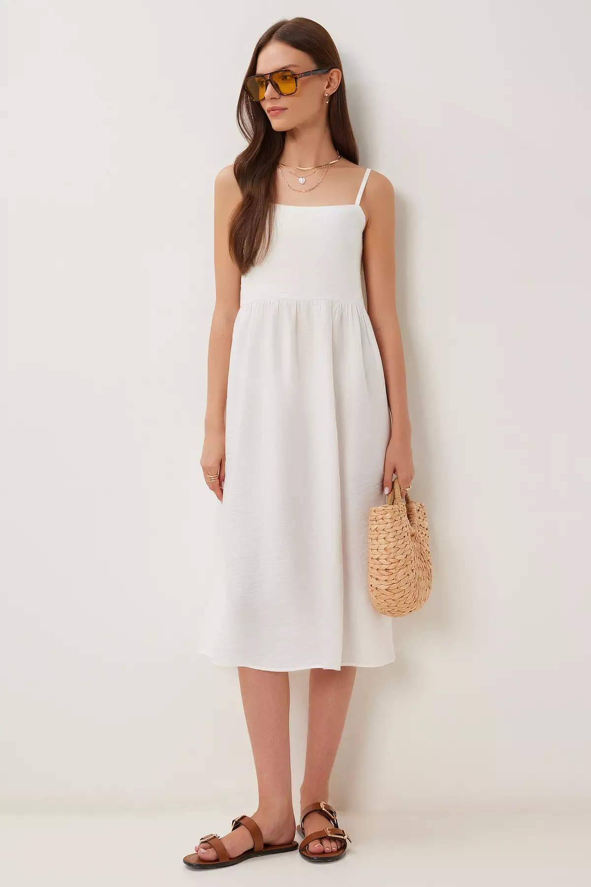 Women's Ecru Strap Summer Midi Ayrobin Dress Dd01357