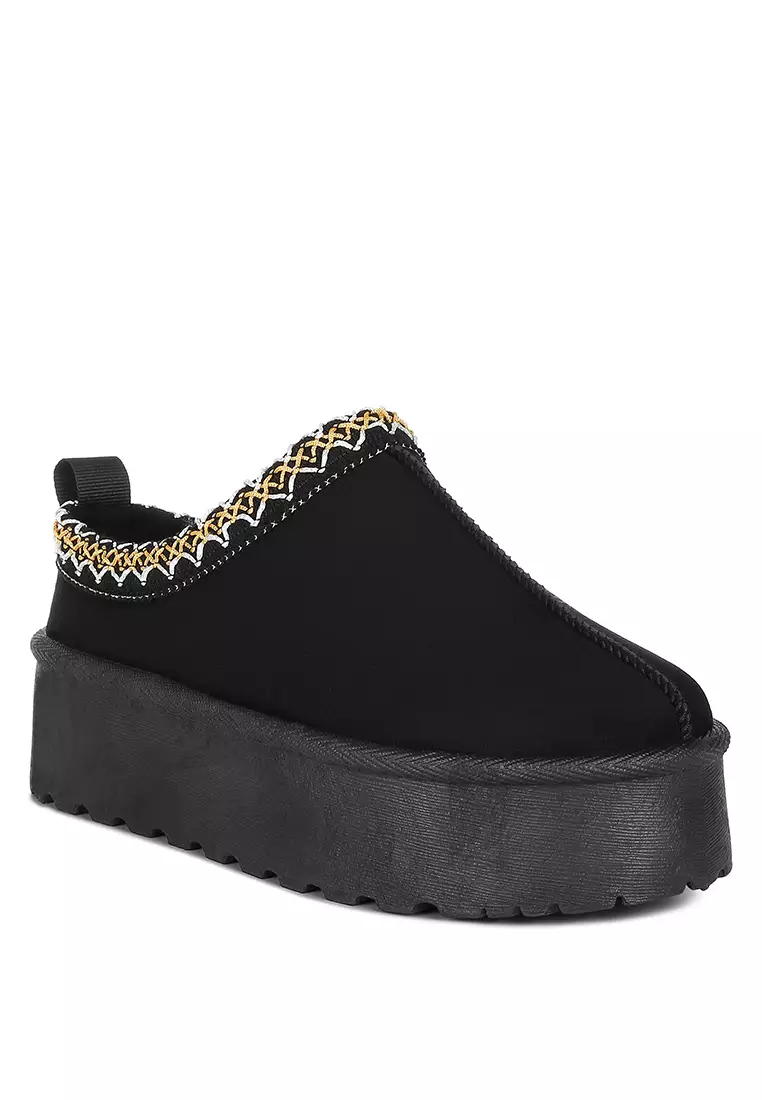 Black Embroidered Platform Fur Classic Slip-On