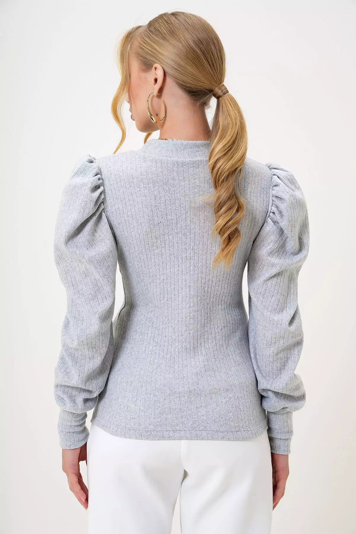 Women's Gray Crew Neck Drop Neck Princess Sleeve Knitwear Blouse