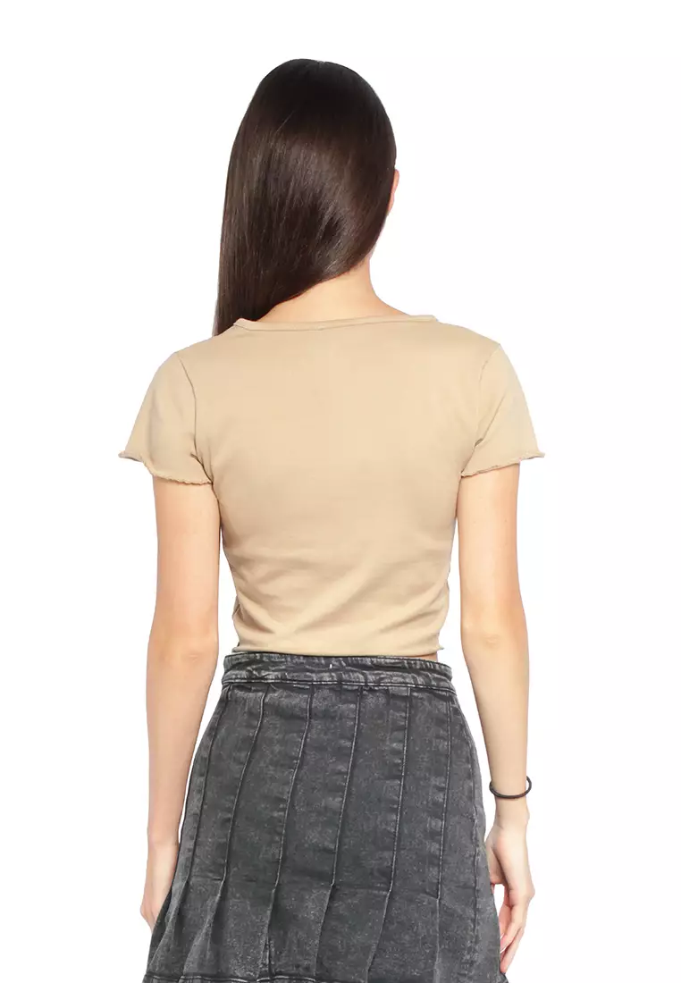 Atasan Rajut Rib Leher V Kelabu tua