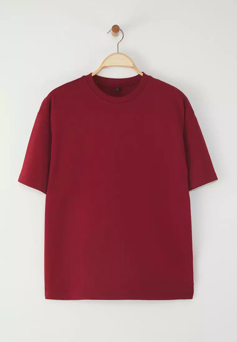 Claret Red 100% Cotton Premium Oversize/Wide Pattern Crew Neck Knitted T-Shirt TWOSS23TS00040