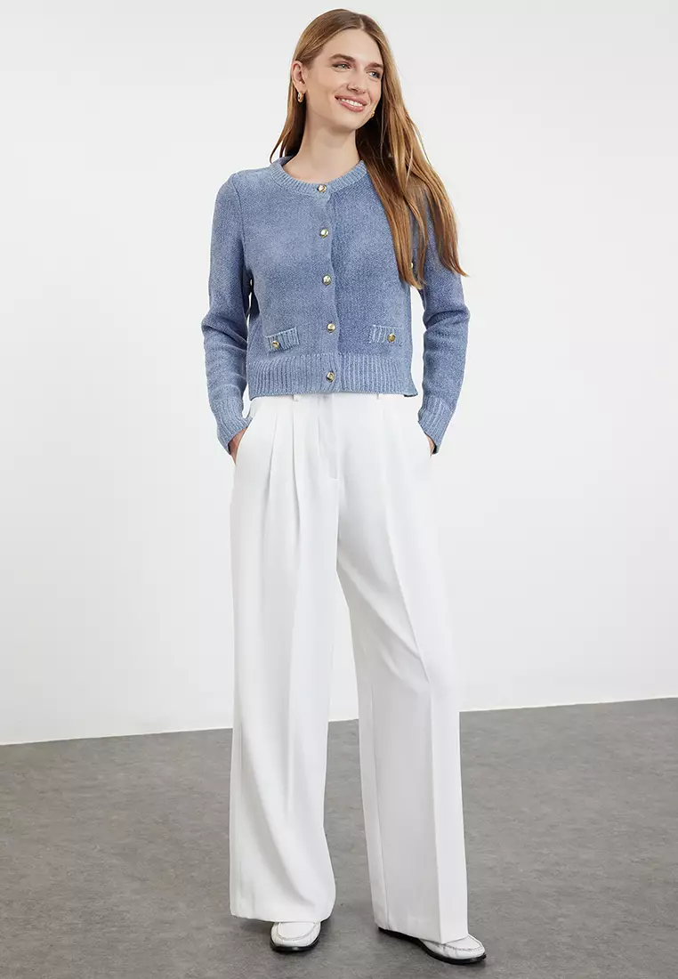 Blue Crop Premium Yarn/Special Yarn Pocket Detailed Jacket-Look Knitwear Cardigan TWOAW24HI00051