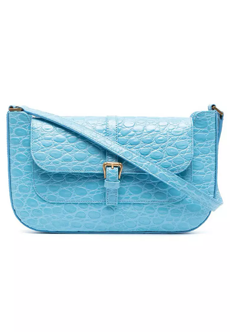 By Far Miranda Circular Croco Embossed Leather Shoulder Bag in Lagoon