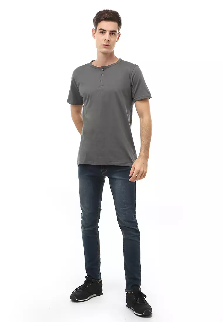 Jack T-Shirt Atasan Kasual Kaos Polos Pria Model Kancing Lengan Pendek Material Cotton ORIGINAL - Dark Gray