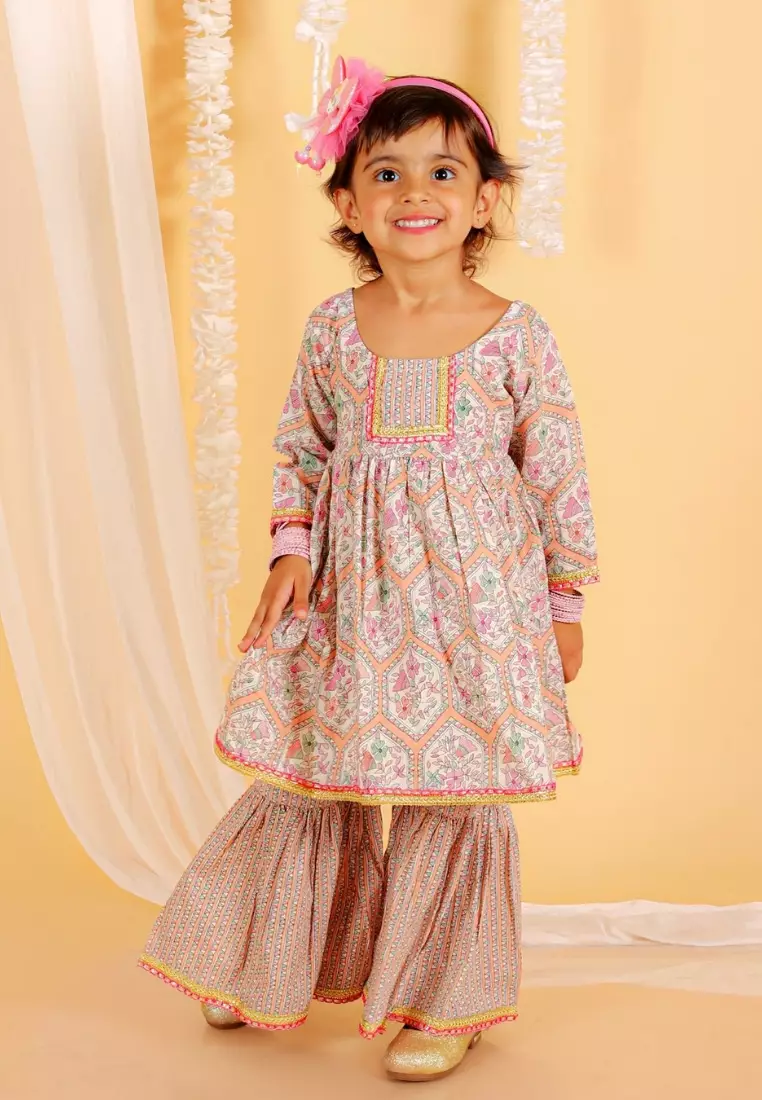 粉彩桃色女孩 Anarkali Kurta Sharara 套装