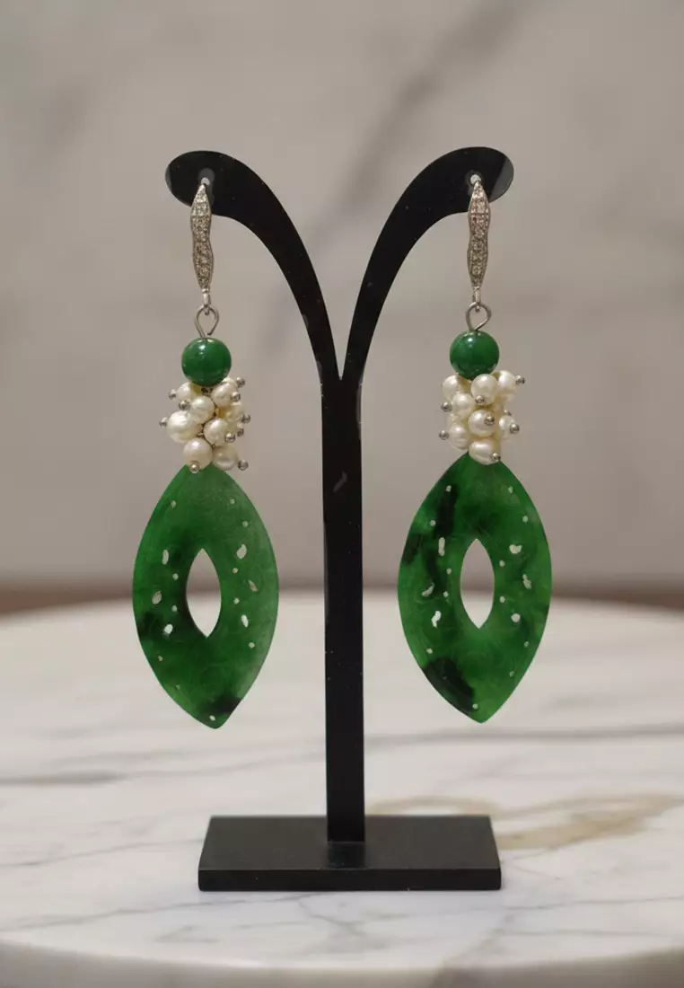 Jade Earrings Leaf Shaped With Pearls Anting Wanita Batu Giok Green & Pearly White