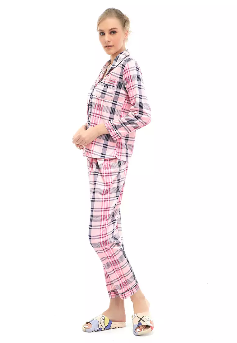 Vance Setelan Piyama Baju Tidur Wanita Lengan Panjang Motif Kotak Material Cotton ORIGINAL - Pink