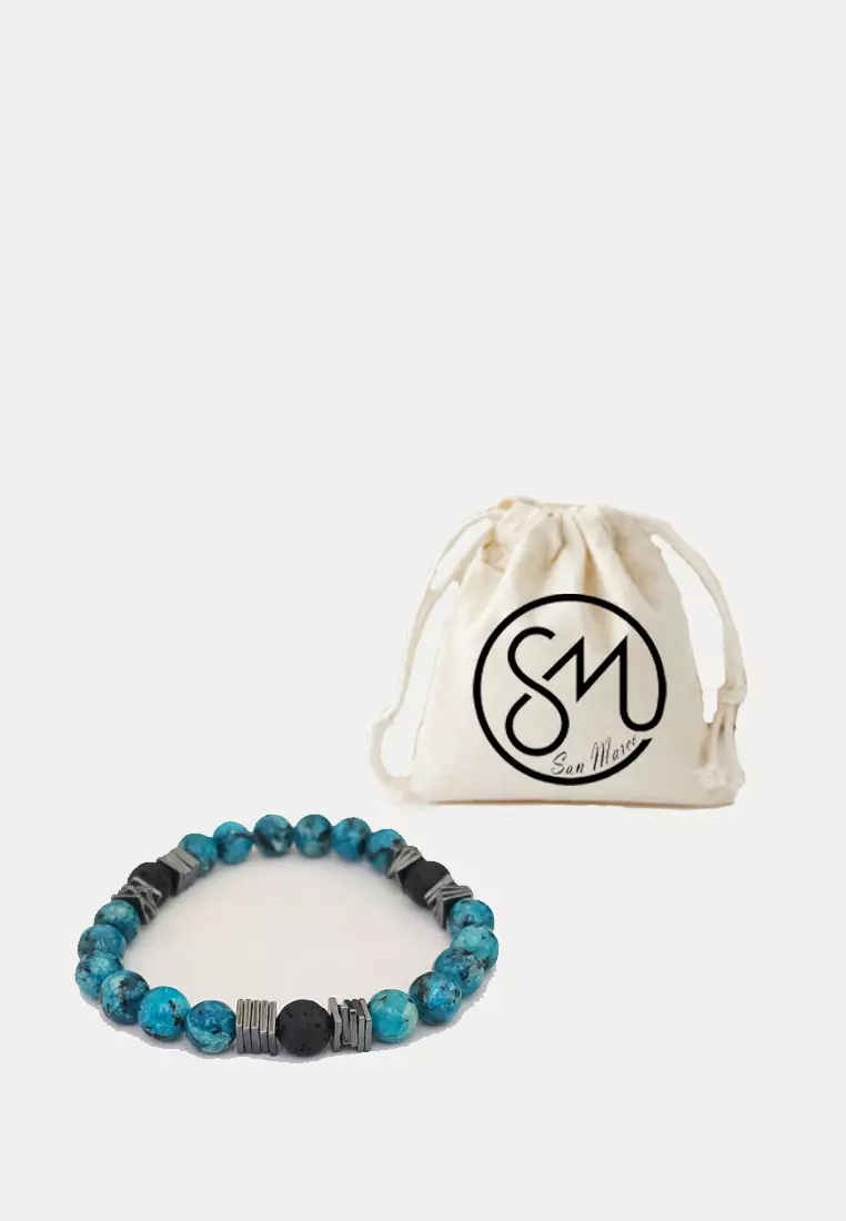 Aksesoris Gelang Pria Lava & Blue Agate Beads Bracelet Black & Blue