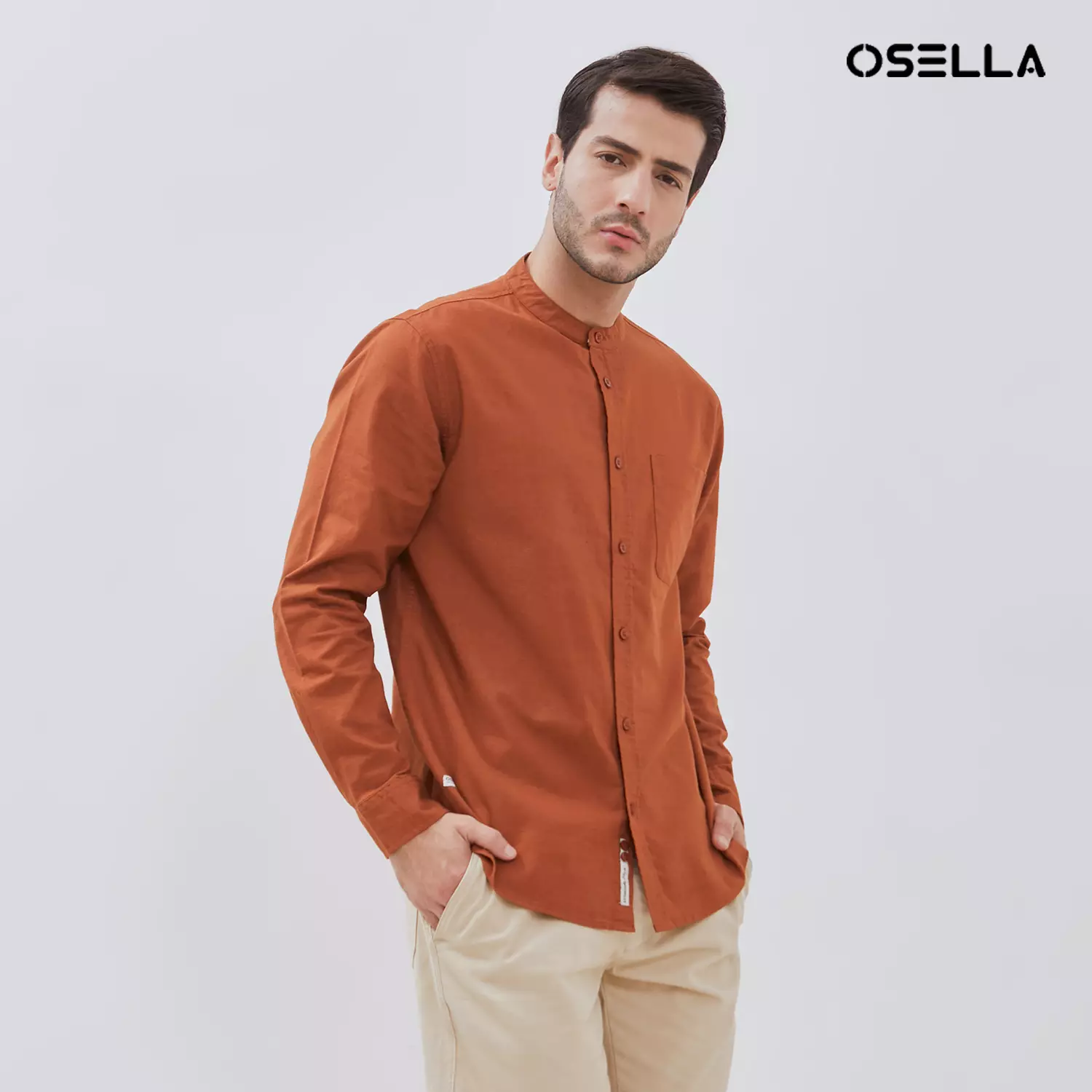 [NEW] Osella Solid Cotton Slub Shanghai Collared Long Sleeve Shirt 2037520312 | Kemeja Pria Lengan Panjang
