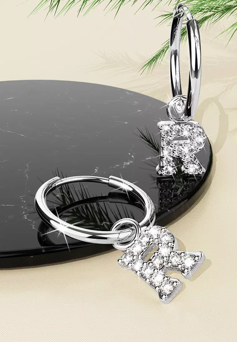 Solid 925 Sterling Silver Octavia Alphabet Letter Zircon Huggie Earrings Silver - R